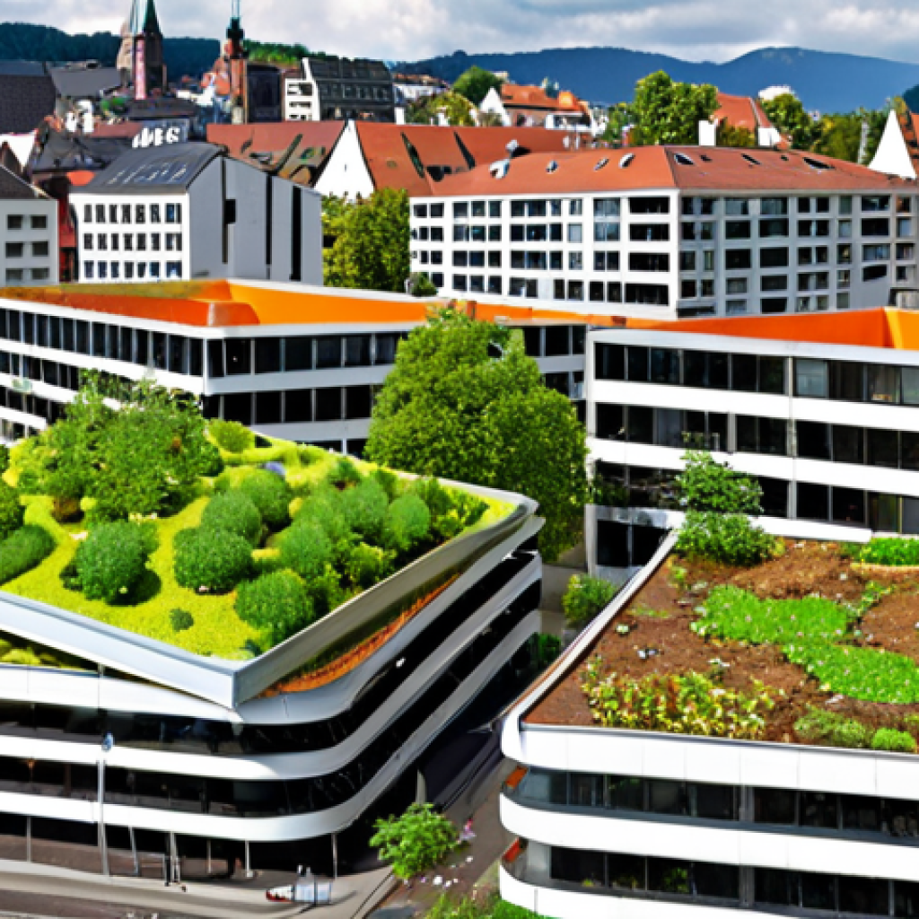 **Image Prompt:** A vibrant, modern city scene depicting resource efficiency. Show buildings constructed with recycled materials and green roofs. Include elements like rainwater harvesting systems and community composting areas. The overall feel should be sustainable and innovative, showcasing the city as a closed-loop system. Capture the essence of Freiburg's eco-friendly neighborhood.