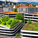 **Image Prompt:** A vibrant, modern city scene depicting resource efficiency. Show buildings constructed with recycled materials and green roofs. Include elements like rainwater harvesting systems and community composting areas. The overall feel should be sustainable and innovative, showcasing the city as a closed-loop system. Capture the essence of Freiburg's eco-friendly neighborhood.