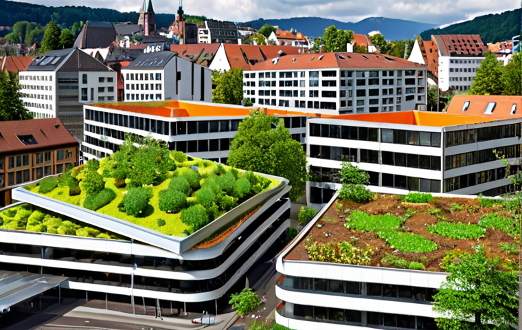 **Image Prompt:** A vibrant, modern city scene depicting resource efficiency. Show buildings constructed with recycled materials and green roofs. Include elements like rainwater harvesting systems and community composting areas. The overall feel should be sustainable and innovative, showcasing the city as a closed-loop system. Capture the essence of Freiburg's eco-friendly neighborhood.