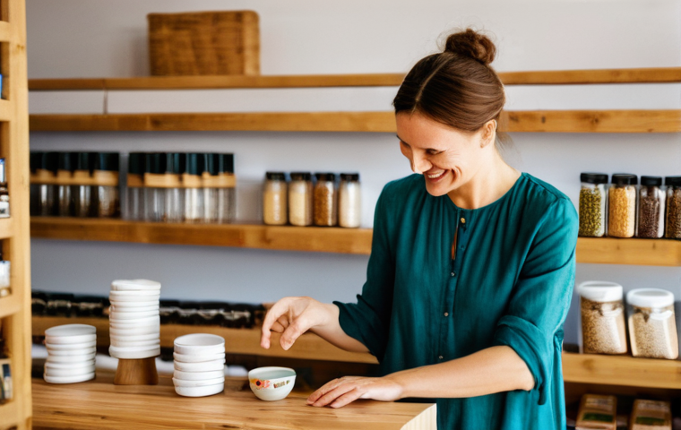 제로웨이스트 제품의 시장 진입 전략 - A warm and inviting scene inside a bustling "Unverpackt-Laden" (zero-waste store) in a charming Germ...
