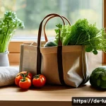 제로웨이스트와 탄소 발자국 감소 - A cozy, modern German kitchen scene showcasing sustainable living: a reusable cloth shopping bag fil...