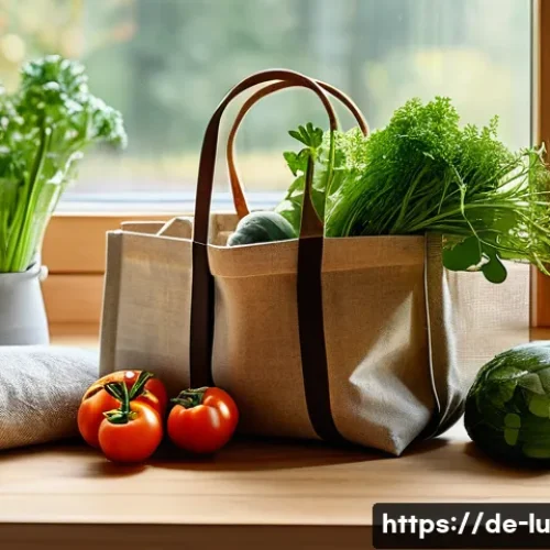 제로웨이스트와 탄소 발자국 감소 - A cozy, modern German kitchen scene showcasing sustainable living: a reusable cloth shopping bag fil...