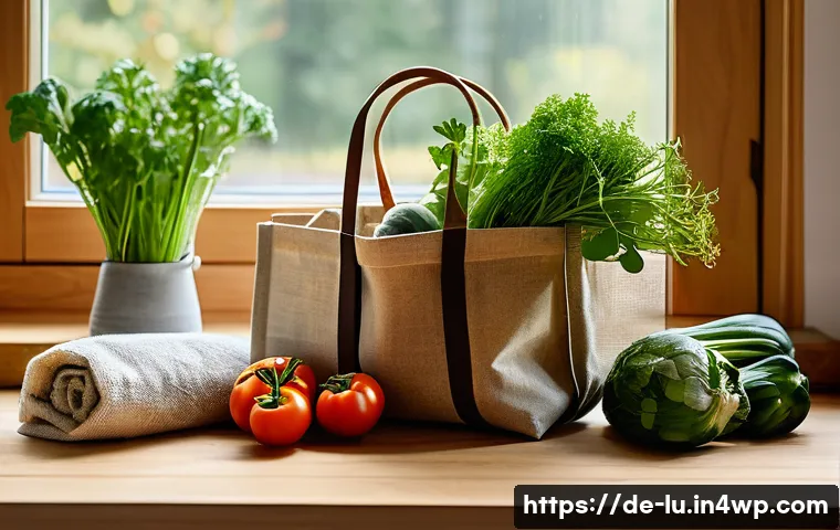 제로웨이스트와 탄소 발자국 감소 - A cozy, modern German kitchen scene showcasing sustainable living: a reusable cloth shopping bag fil...