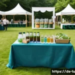 제로웨이스트 이벤트 기획 안내 - A vibrant outdoor zero-waste event scene in a German park during daytime, featuring diverse guests e...