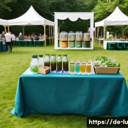 제로웨이스트 이벤트 기획 안내 - A vibrant outdoor zero-waste event scene in a German park during daytime, featuring diverse guests e...