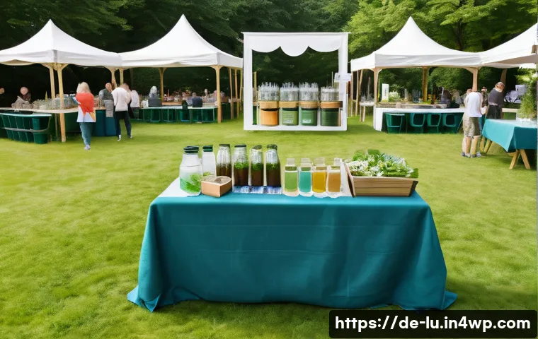 제로웨이스트 이벤트 기획 안내 - A vibrant outdoor zero-waste event scene in a German park during daytime, featuring diverse guests e...