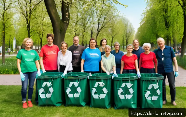 제로웨이스트를 위한 지역 사회 참여 방법 - A lively neighborhood clean-up event in a German urban park during springtime, with diverse groups o...