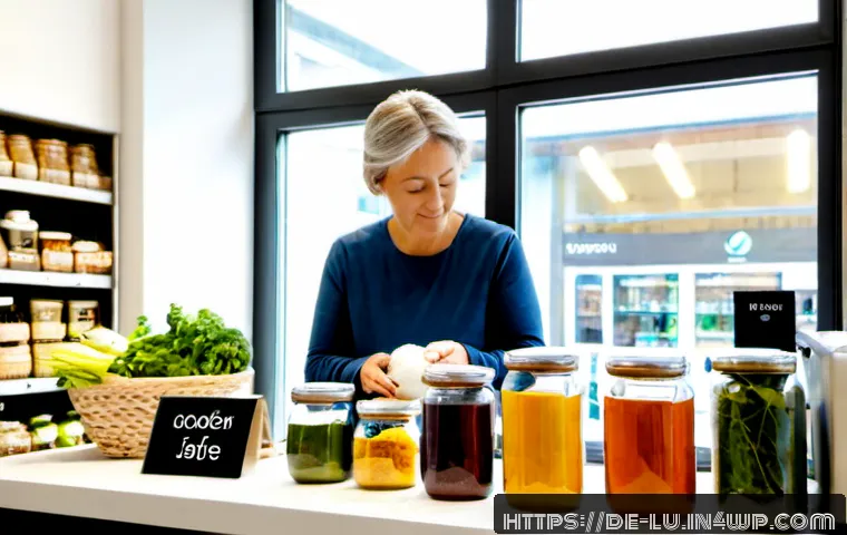 Home 17 제로웨이스트 산업의 글로벌 트렌드 - Photorealistic modern zero-waste grocery store in Germany, a middle-aged shopper using reusable glas...