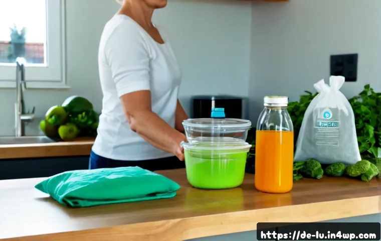 제로웨이스트와 에너지 효율성의 관계 - Photorealistic German apartment kitchen in soft morning light, a reusable glass food container, clot...