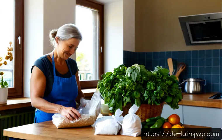 Home 17 제로웨이스트와 환경 보호의 연관성 - Photorealistic morning scene in a bright German apartment kitchen, a middle-aged woman packing fresh...